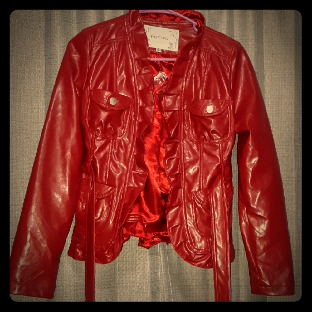 NWOT Sexy Red Faux Leather Jacket with Ruffles